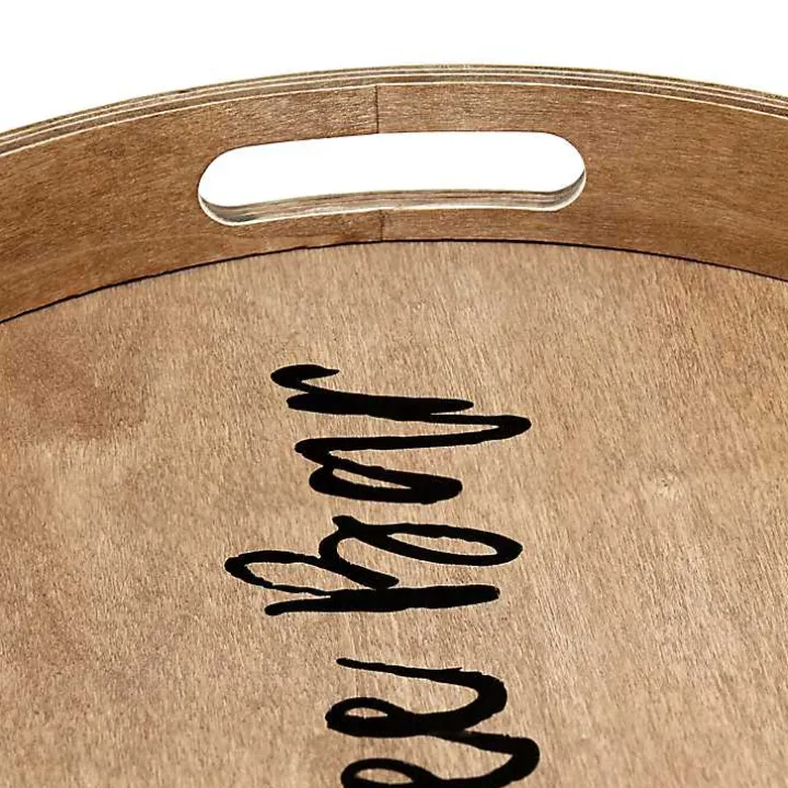 Round Brown Wood Coffee Bar Tray