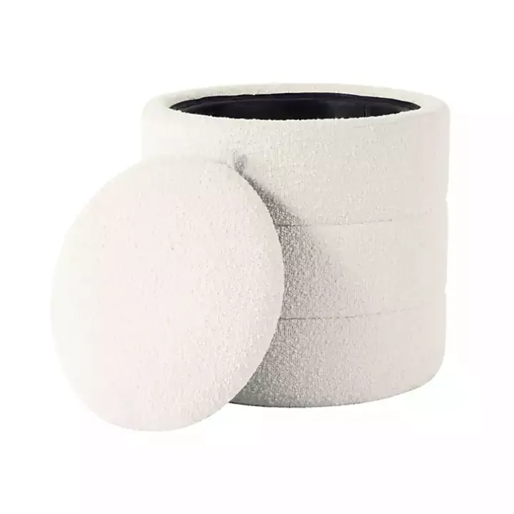 Round Cream Boucle Storage Ottoman