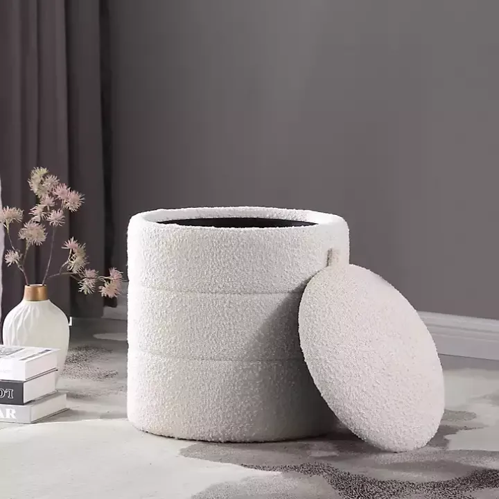Round Cream Boucle Storage Ottoman
