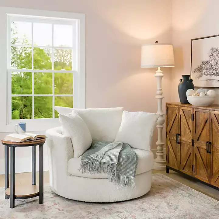 Round Cream Boucle Swivel Accent Chair
