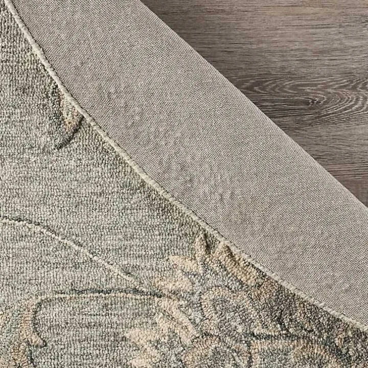 Round Gray and Blue Botanical Area Rug, 4x4
