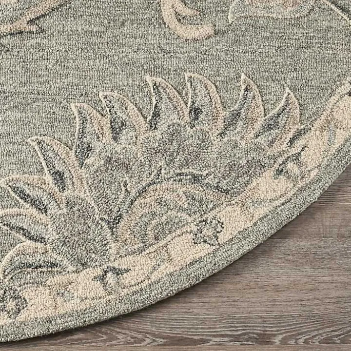 Round Gray and Blue Botanical Area Rug, 4x4