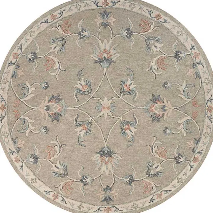 Round Gray Traditional Floral Area Rug, 4x4