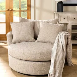 Round Sand Boucle Swivel Accent Chair