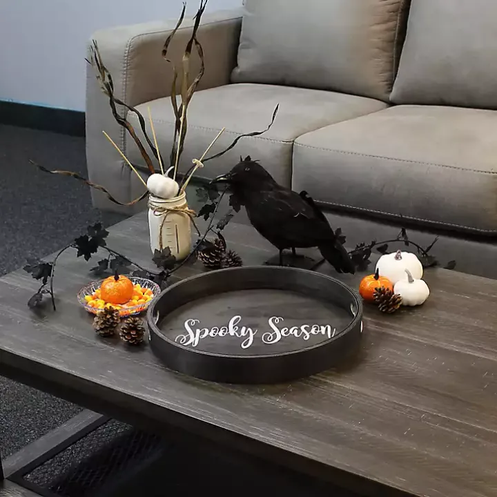 Round Spooky Season Black Wood Tray