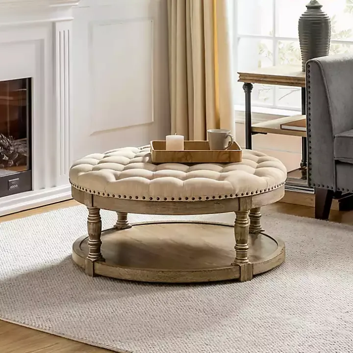 Round Tan Cepheus Tufted Ottoman