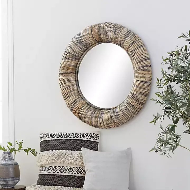 Round Teak Wood Coiled Tampar Frame Mirror