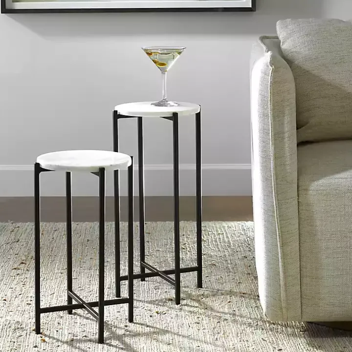 Round White Marble Accent Tables, Set of 2