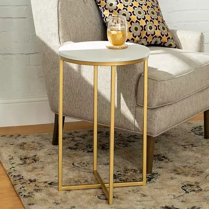 Round White Marble and Gold Accent Table