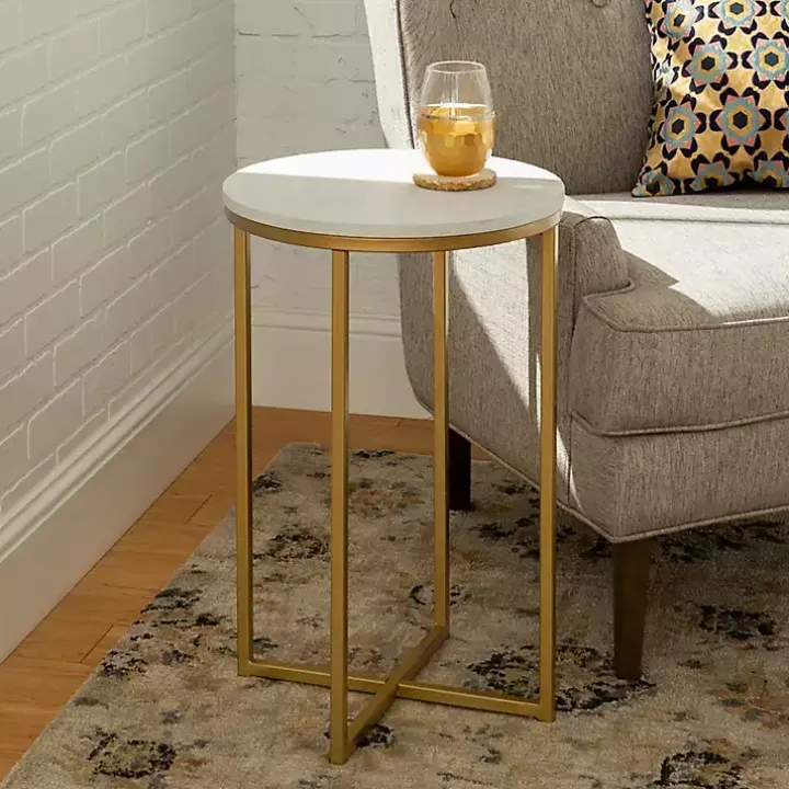 Round White Marble and Gold Accent Table