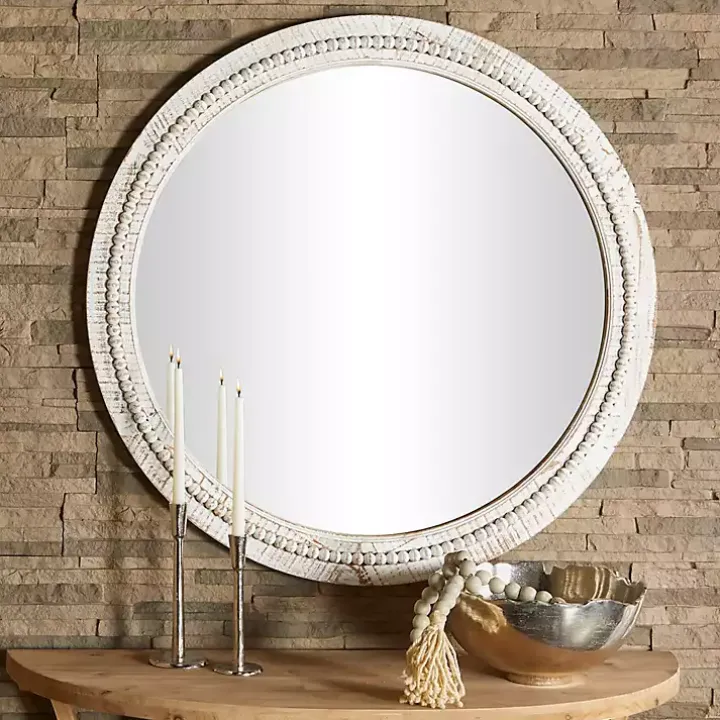 Round Whitewash Beaded Wall Mirror