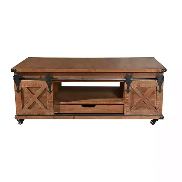 Rustic Fir Wood Rolling Barn Door Coffee Table