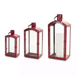 Rustic Red Metal Lanterns, Set of 3