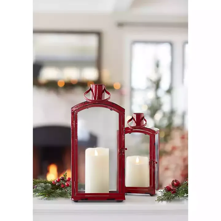 Rustic Red Metal Lanterns, Set of 3