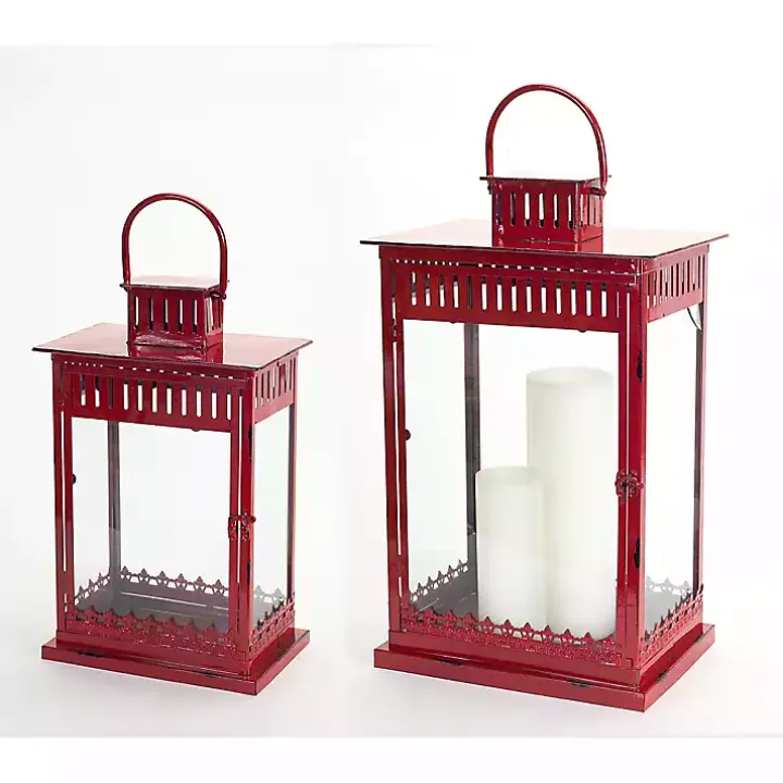 Rustic Red Ornate Metal Lanterns, Set of 2