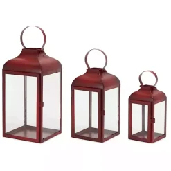 Rustic Red Ring Top Metal Lanterns, Set of 3