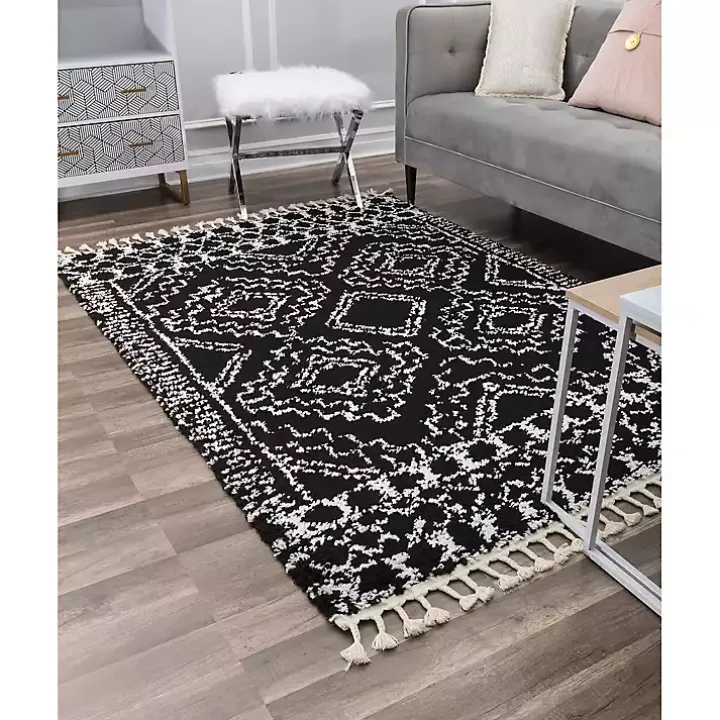 Sable Black and White Moon Accent Rug, 2x8