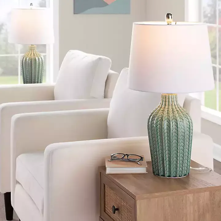 Sage Ceramic Chevron Table Lamps, Set of 2