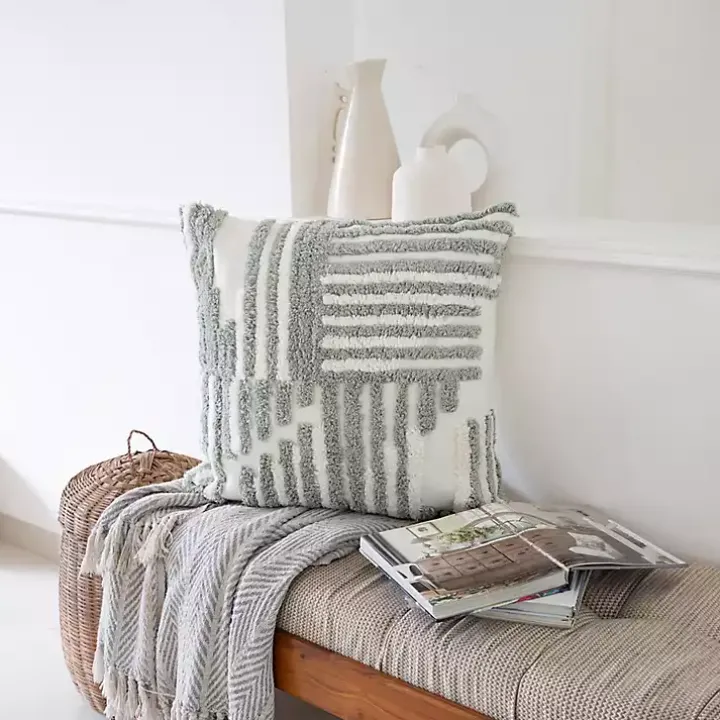 Sage Green Geometric Shag Throw Pillow