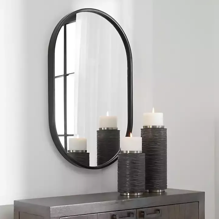 Satin Black Iron Oval Framed Wall Mirror