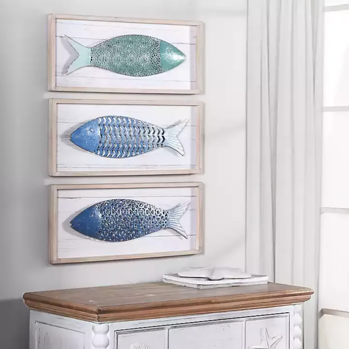 School of Fish Wooden and Metal Plaques, Set of 3