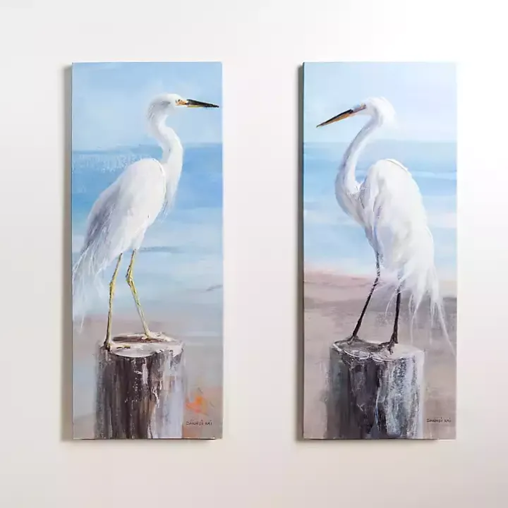 Seaside Egret Canvas Art Prints, Set of 2