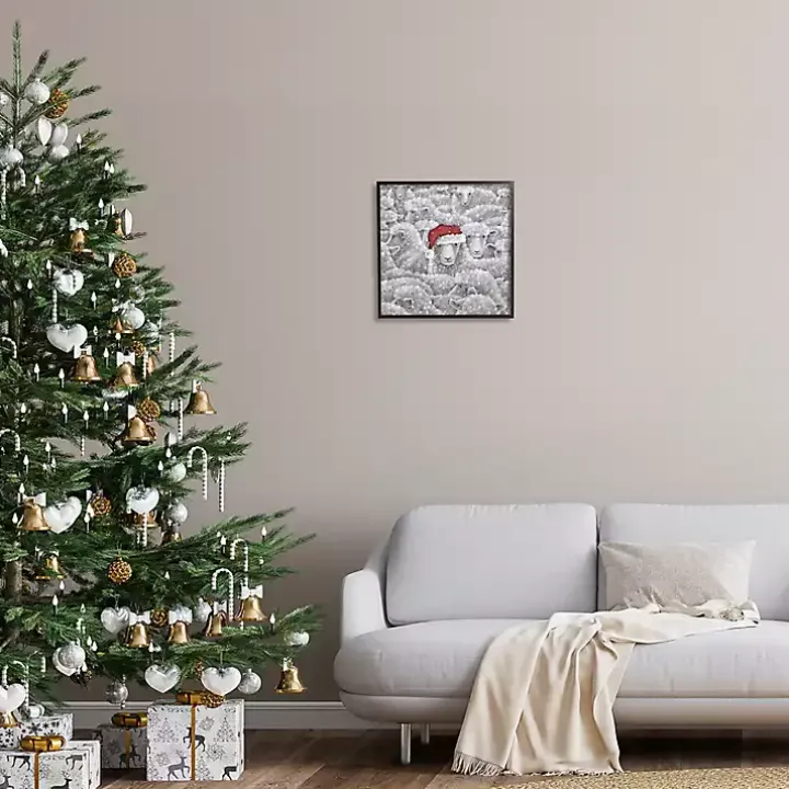 Sheep with Santa Hat Framed Canvas Art Print
