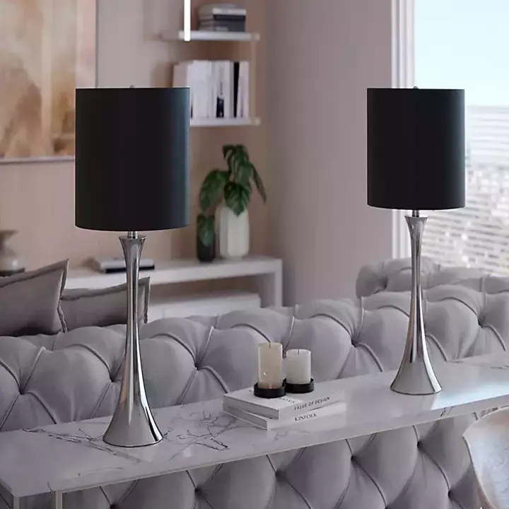 Silver and Black Tapered Table Lamps, Set of 2