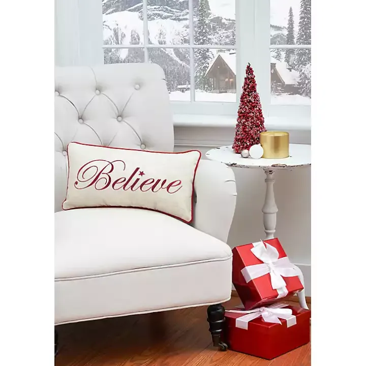 Silver and Red Believe Lumbar Pillow