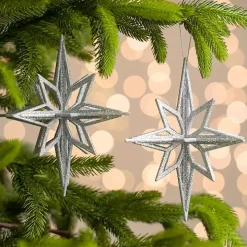Silver Glitter Starburst Ornaments, Set of 2