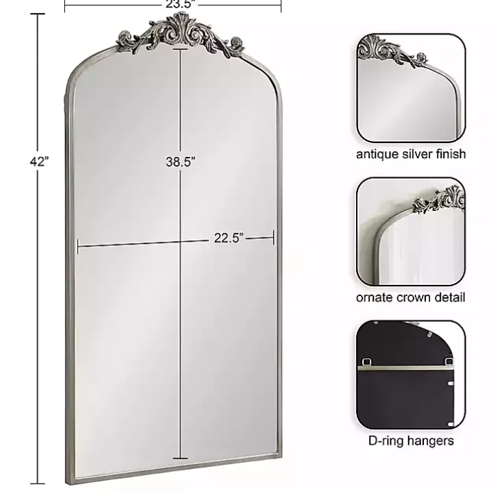 Silver Metal Arch Ornate Crown Wall Mirror