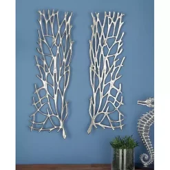 Silver Metal Coral Panel Wall Plaques, Set of 2