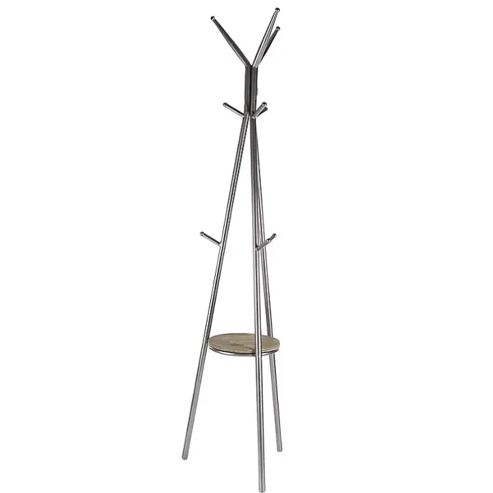 Silver Metal Tripod Coat Rack with Shelf
