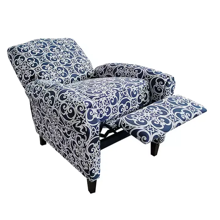 Sky Blue Fretwork Upholstered High Back Recliner
