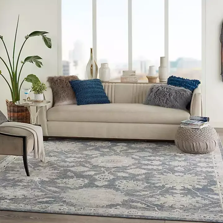 Smokey Blue and Ivory Floral Area Rug, 6x9