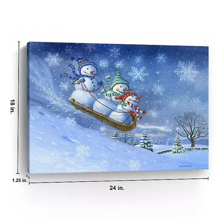 Snowman Sledding Canvas Christmas Art Print
