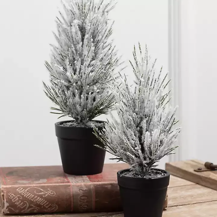 Snowy Potted Mini Pine Trees, Set of 2