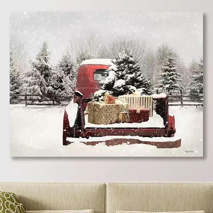 Snowy Presents and Red Truck Canvas Art Print