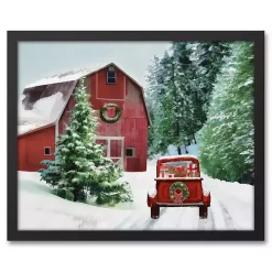 Snowy Red Barn Black Framed Canvas Art Print
