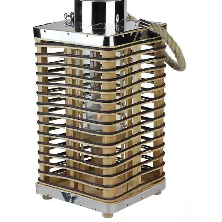 Square Rattan Hurricane Lantern with Jute Rope