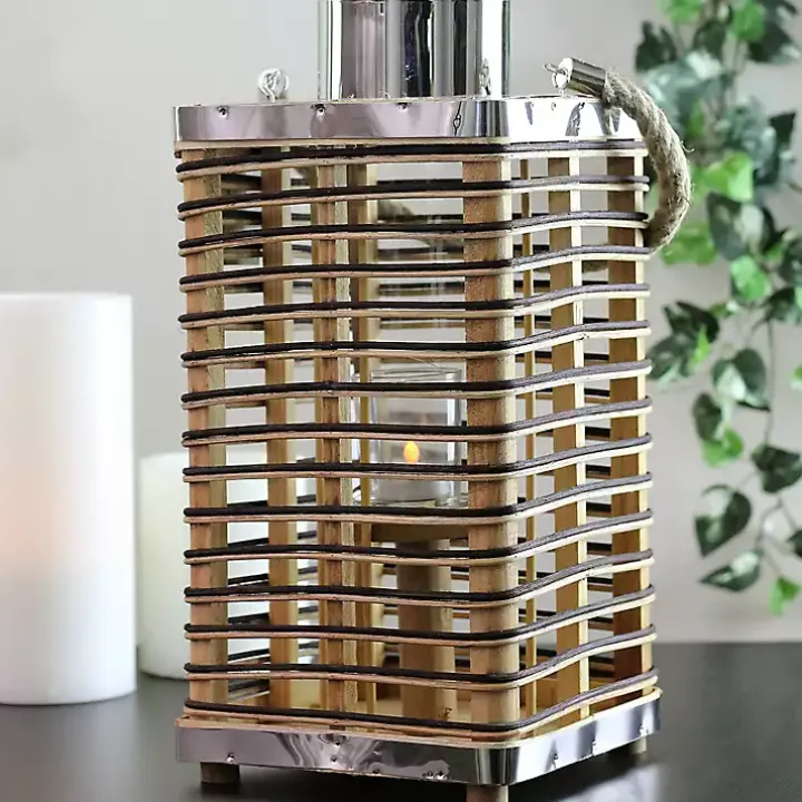 Square Rattan Hurricane Lantern with Jute Rope