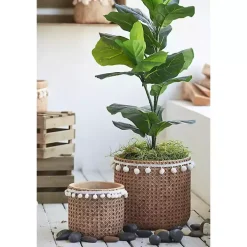 Tall Woven Cement Baskets with Pom Poms, Set of 2