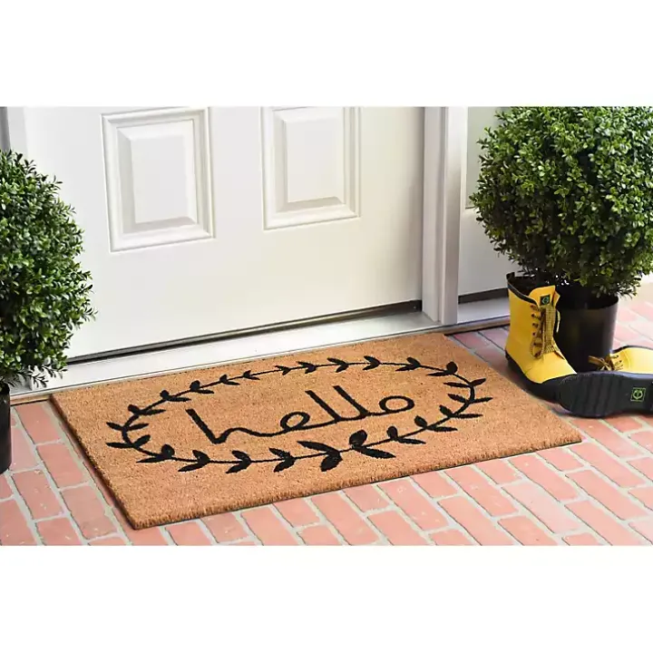 Tan and Black Evergreen Hello Doormat, 36x24 in.