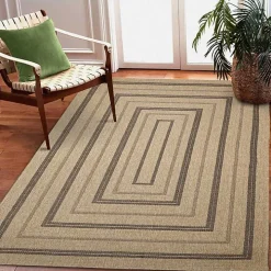 Tan and Black Framed Indoor/Outdoor Area Rug, 7X9