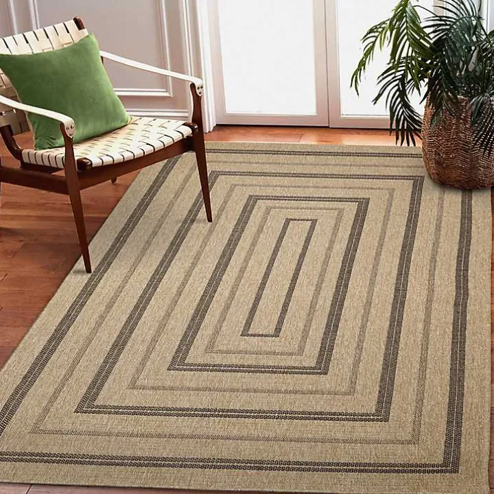 Tan and Black Framed Indoor/Outdoor Area Rug, 7X9