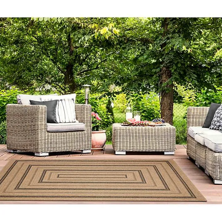 Tan and Black Framed Indoor/Outdoor Area Rug, 7X9