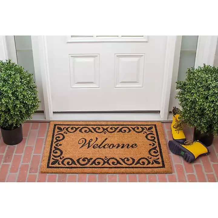 Tan and Black Scroll Welcome Doormat, 36x24 in.