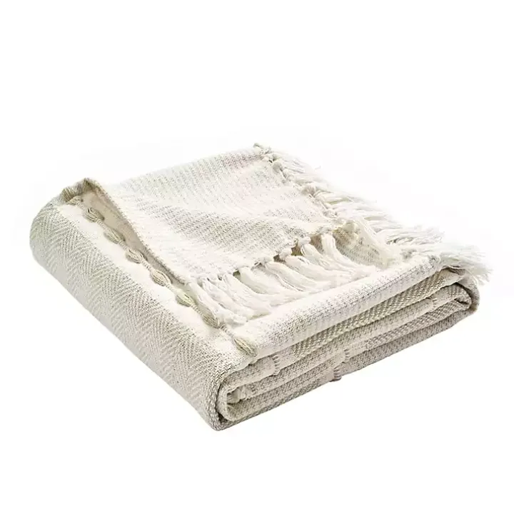 Tan and White Herringbone Stripe Throw