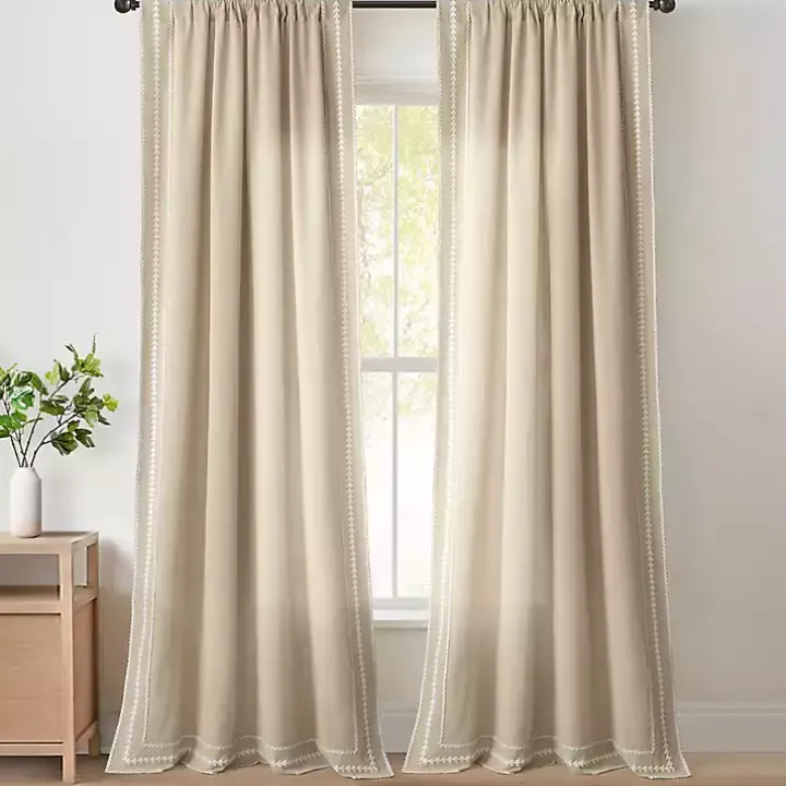 Tan Embroidered Ric Rac Curtain Panel, 84 in.