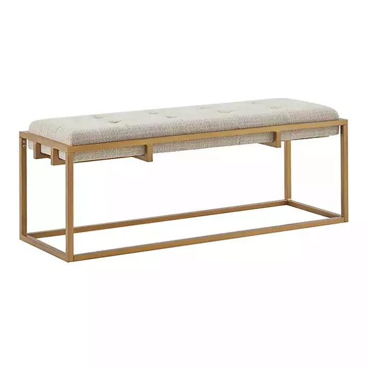 Tan Tufted Bronze Metal Bench
